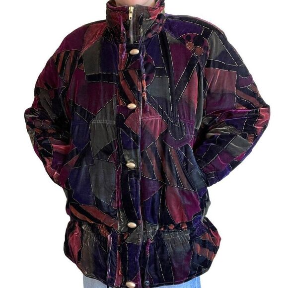 Vintage 80s Oversized Womens Velvet Jewel Toned Geometric Retro Ski Jacket Sz M - Picture 8 of 9